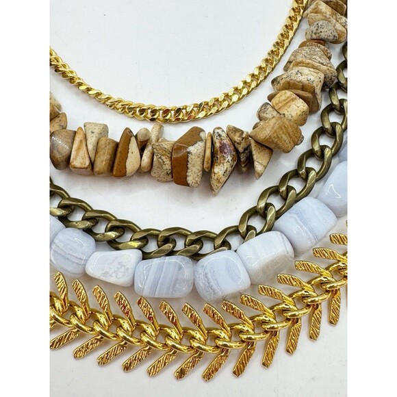 Ab Max Stone & Mixed Chain Layered Multistrand Necklace Gold Tone Boho Bohemian - Picture 5 of 13